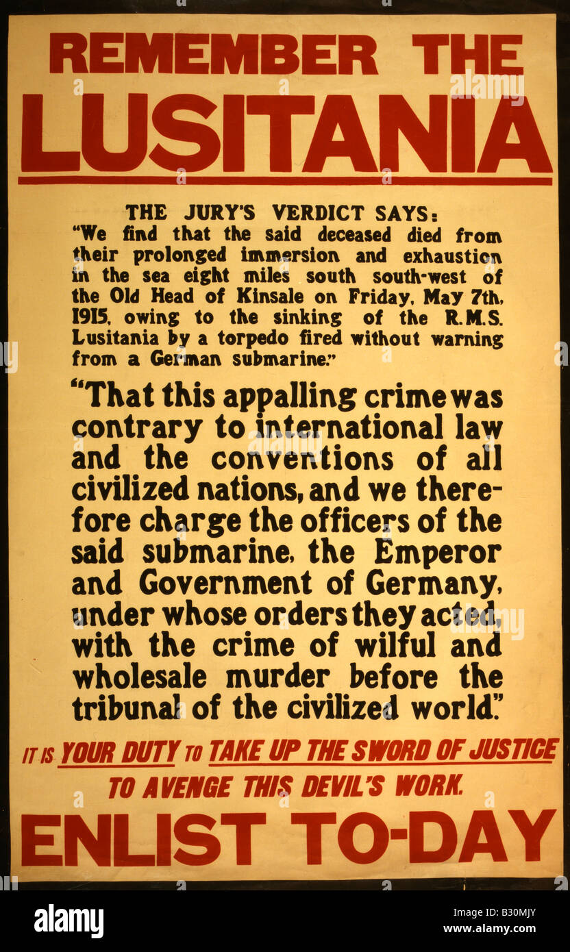 La prima guerra mondiale il reclutamento di poster che chiede agli uomini di unirsi per vendicare il Lusitania Foto Stock