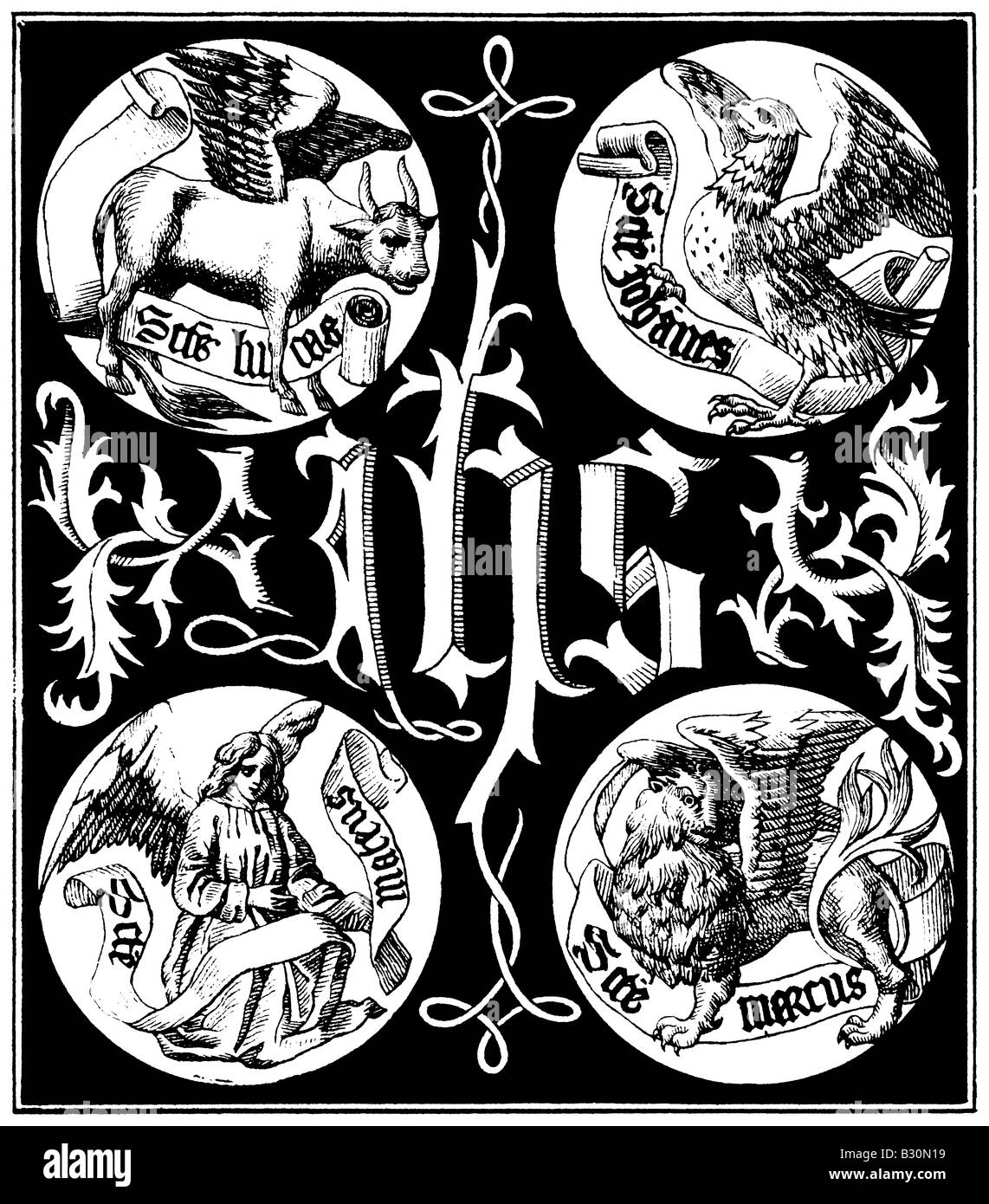 Monogramma sacro e stemmi degli Apostoli: una incisione dal 1845 la riproduzione di una immagine da un 1495 prenota. Foto Stock