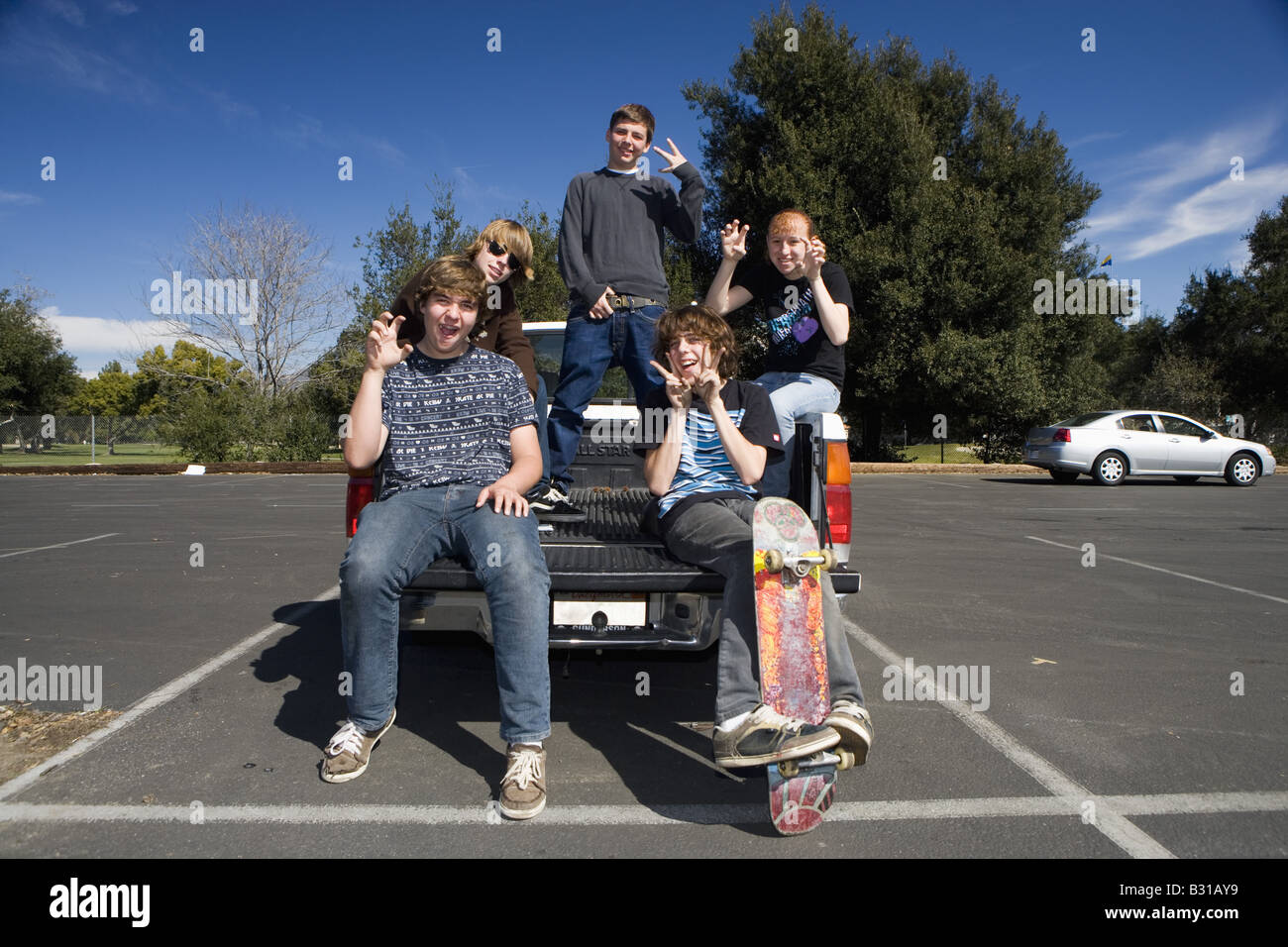 Gruppo di adolescenti sul retro di bianco pick-up Foto Stock