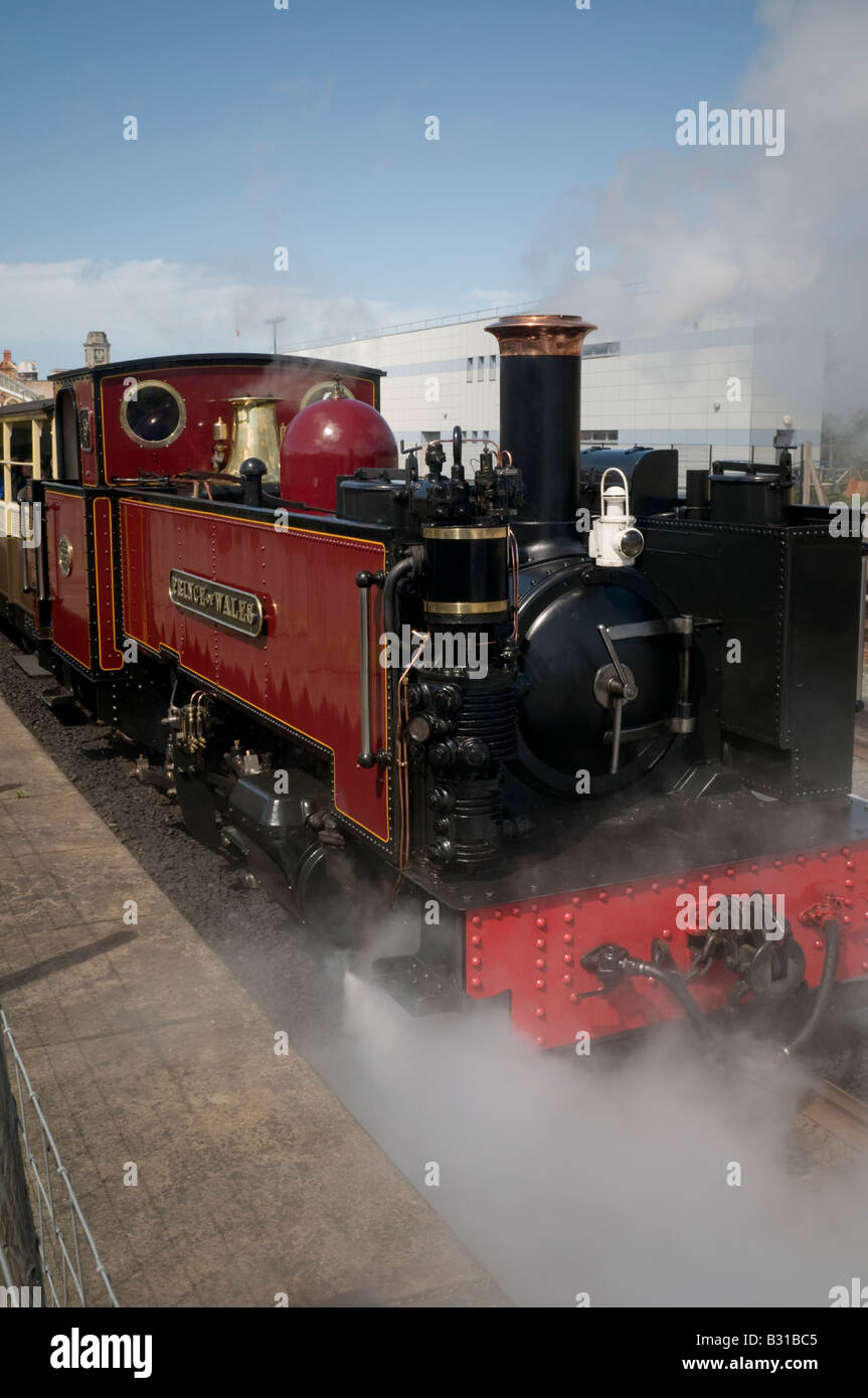 Vale of Rheidol narrow gauge Steam Railway treno in partenza dalla stazione Aberystwyth UK; uno dei grandi trenini del Galles Foto Stock