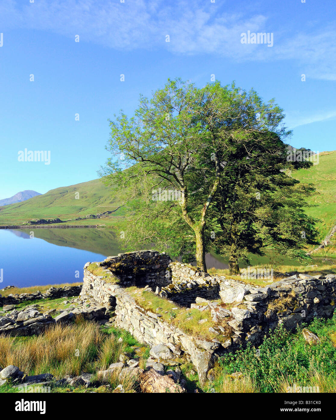 Una calma e splendida mattinata a Llyn Dywarchen nel parco nazionale di Snowdonia nel Galles del Nord Foto Stock