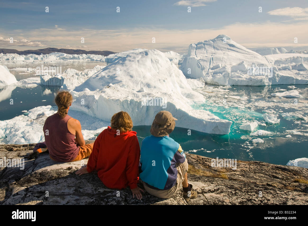 Il sito patrimonio mondiale dell'UNESCO di Ilulissat fiordo di ghiaccio in Groenlandia. Iceberg dal ghiacciaio Jacobshavn sono rapidamente di fusione Foto Stock