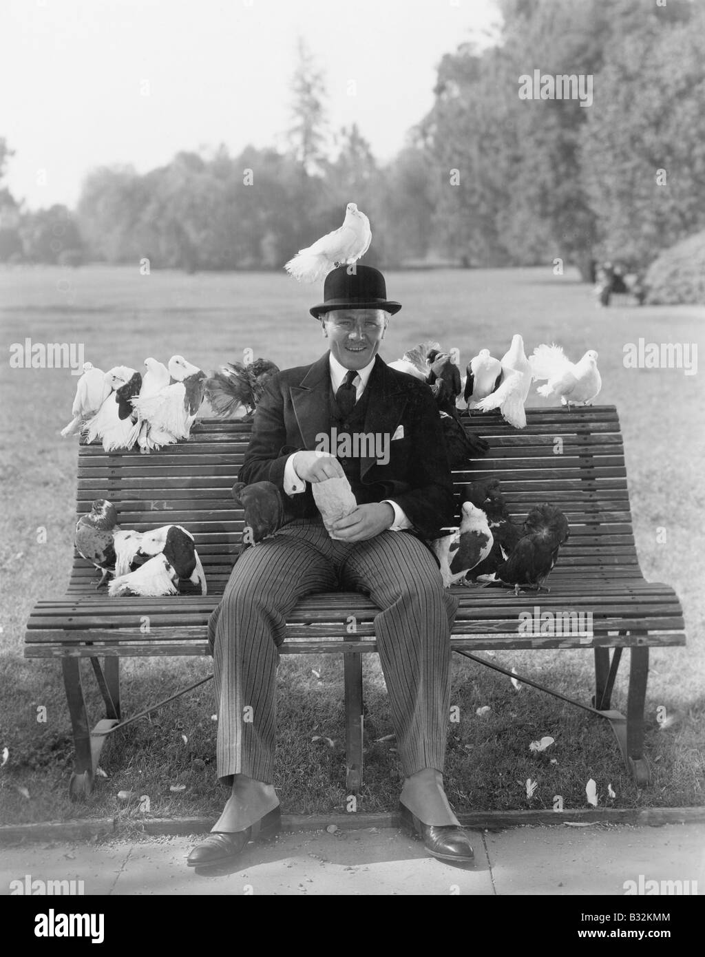 Uomo piccioni di alimentazione su una panchina nel parco Foto Stock