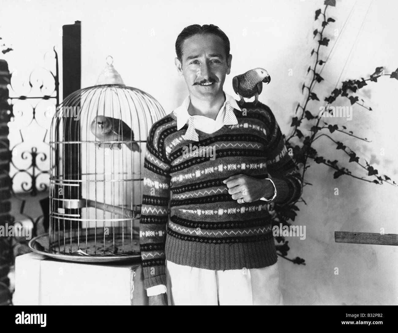 Uomo in posa con gli uccelli da compagnia Foto Stock