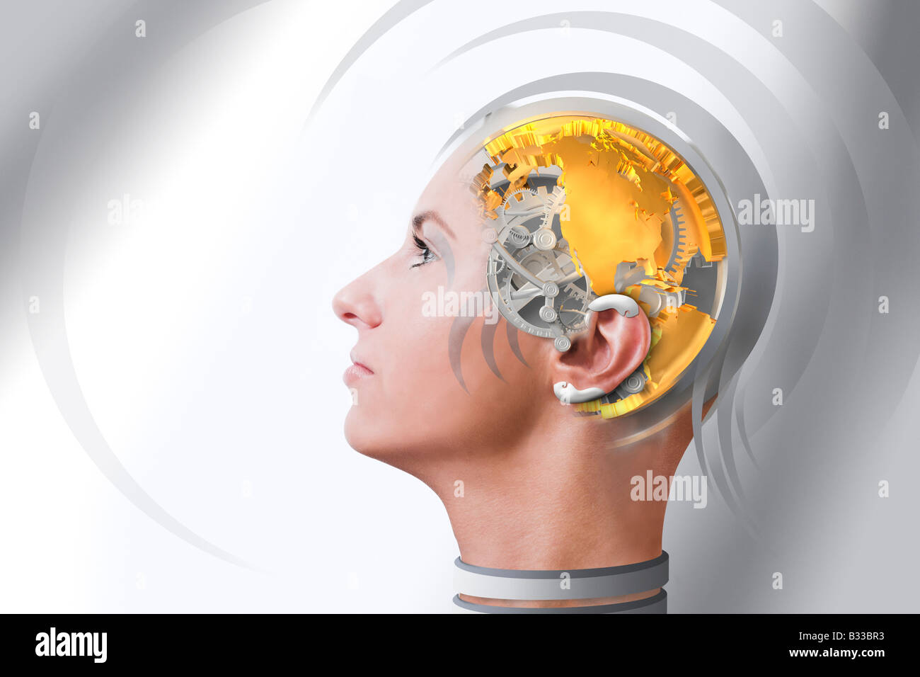 Illustrazione della donna Globo mondo e meccanismo di ingranaggi Foto Stock