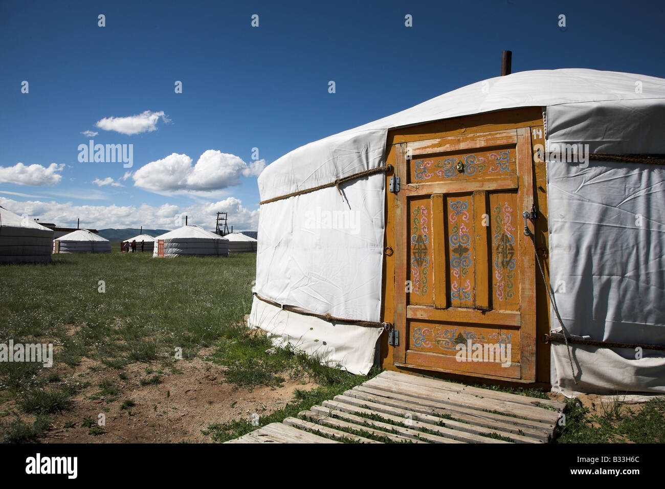 Ger tradizionali tende in Elstei vicino a Ulaan Baatar in Mongolia. Foto Stock