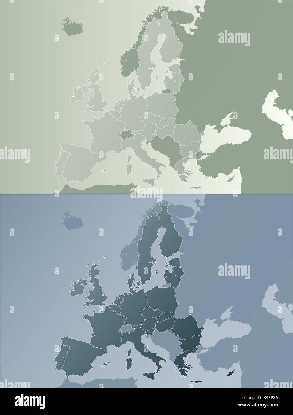 Illustrazione Vettoriale della Unione Europea mappa con i confini di stato due variazioni di colore nella massa moderno dai toni di colore Foto Stock