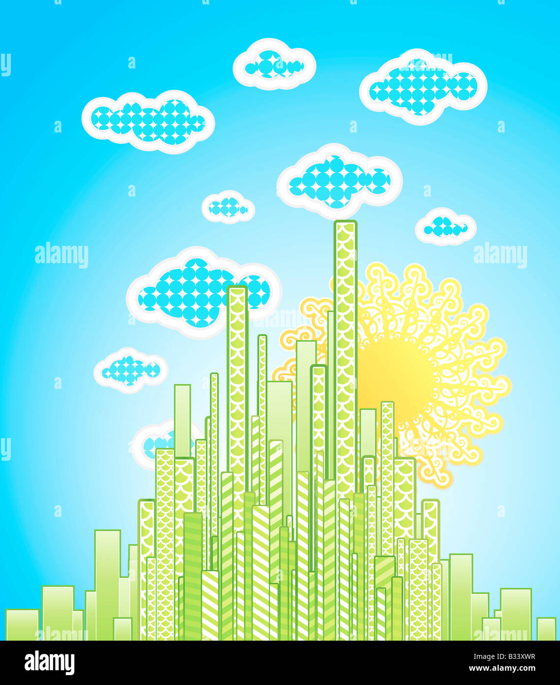 Illustrazione vettoriale di un paesaggio urbano moderno con funky edifici modellato nuvole e sole astratto Foto Stock