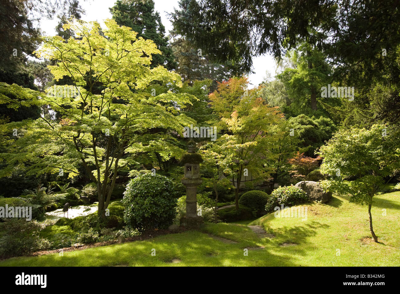 Regno Unito Cheshire Knutsford Tatton Hall Giardini Giardino Giapponese Casa da tè in ombra di alberi di Acer Foto Stock