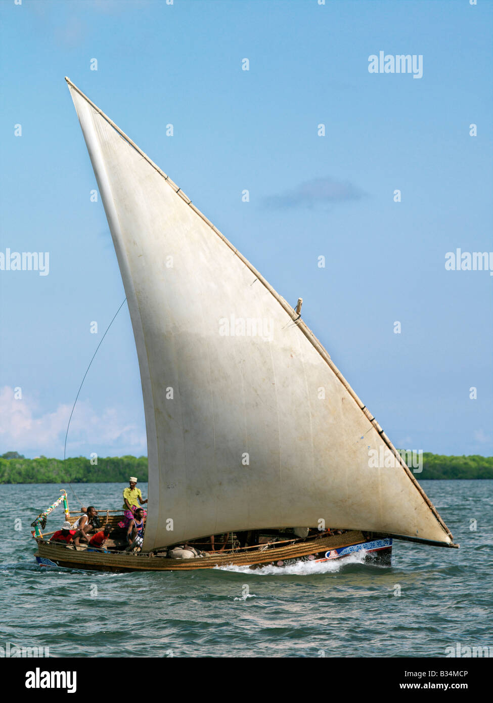Kenya, Coast Province, isola di Lamu. Un Dhow sailing off isola di Lamu. Dhow o Dau è la parola colloquiale utilizzato dalla maggior parte dei visitatori fo Foto Stock