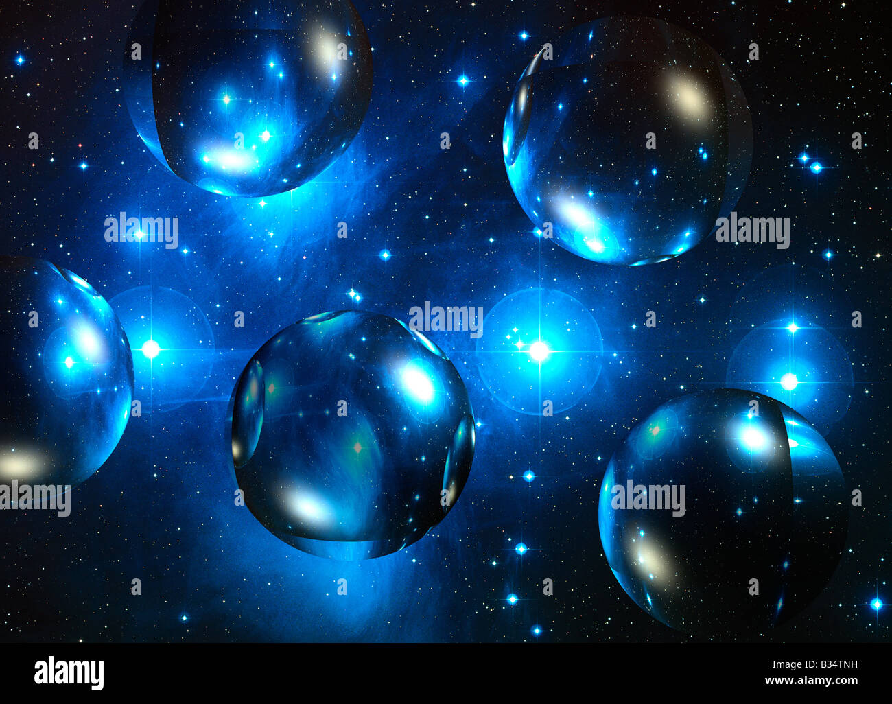 Abstract generata da computer globi trasparenti miscelato su NASA immagine del cielo stellato Foto Stock