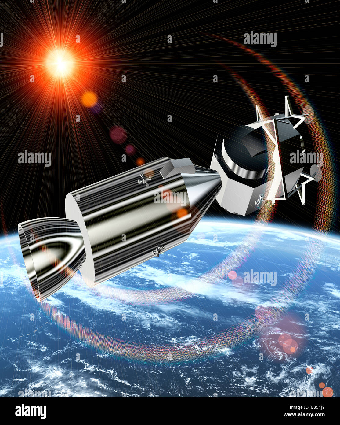 Generata dal calcolatore del veicolo spaziale miscelato sulla immagine della NASA della Terra dallo spazio esterno Foto Stock