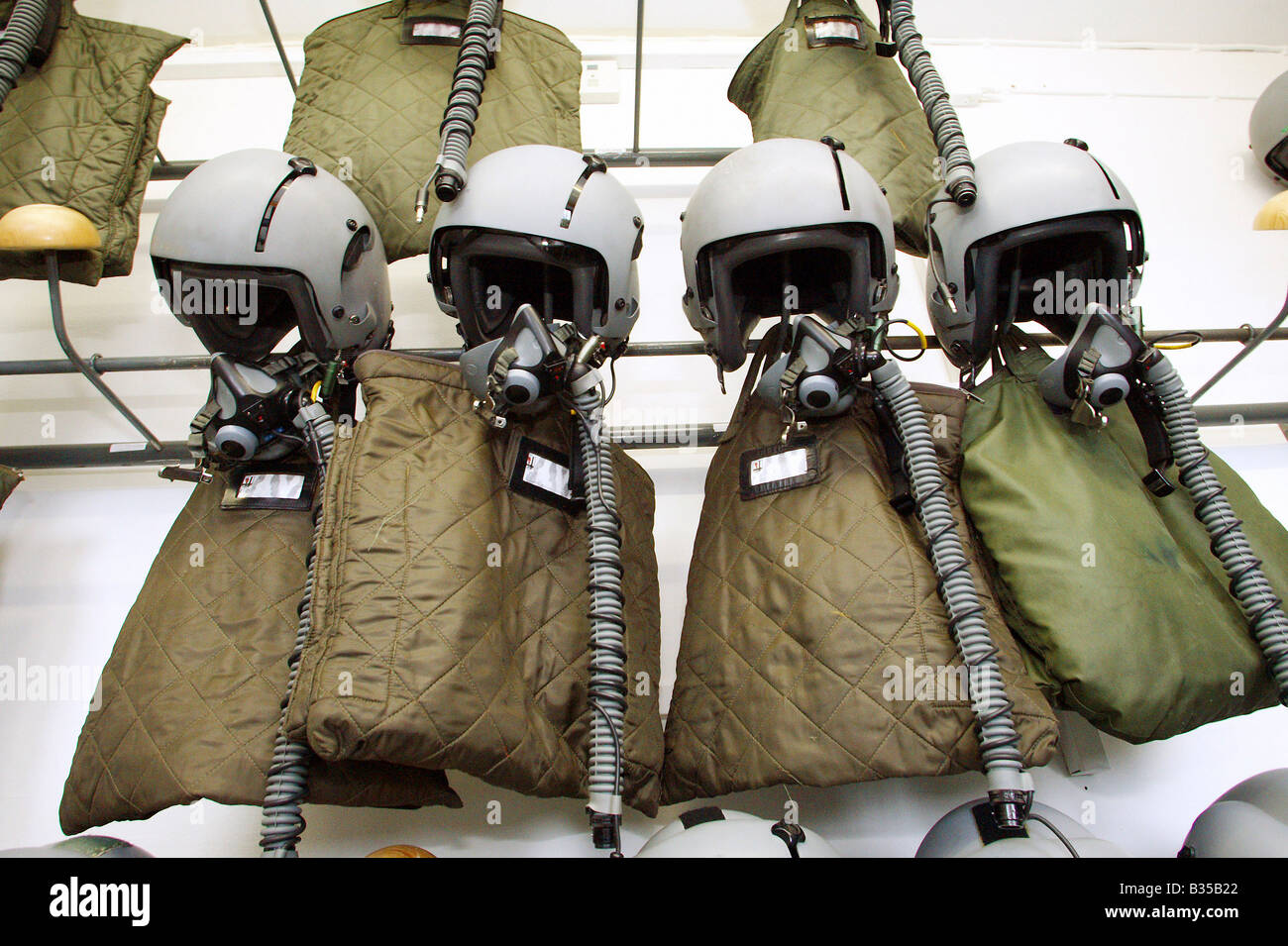Le apparecchiature con maschere di ossigeno per i piloti, Jagel, Germania Foto Stock
