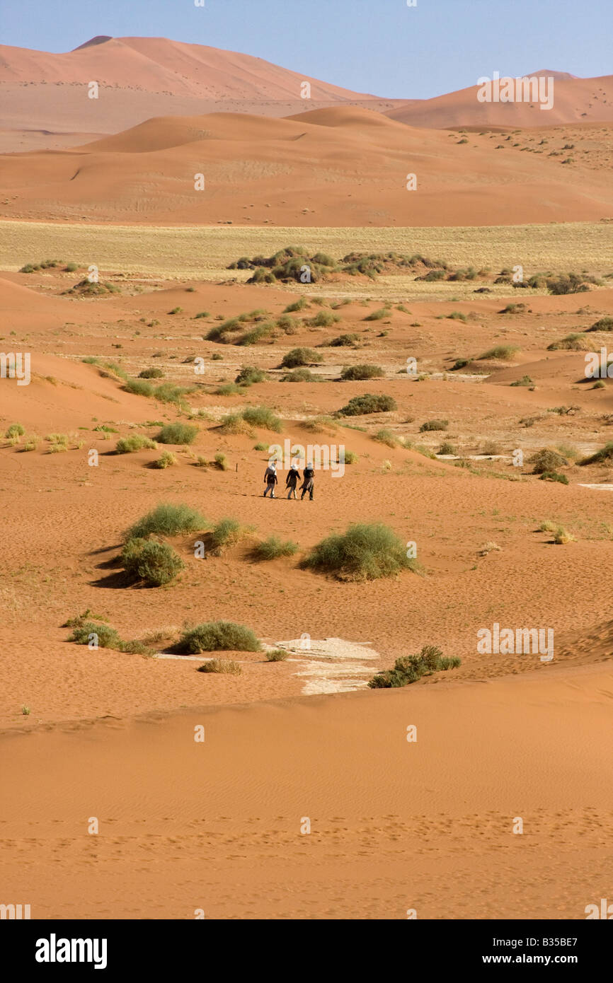 I visitatori di passeggiata tra le dune di sabbia in Sossusvlei Namibia Africa Foto Stock