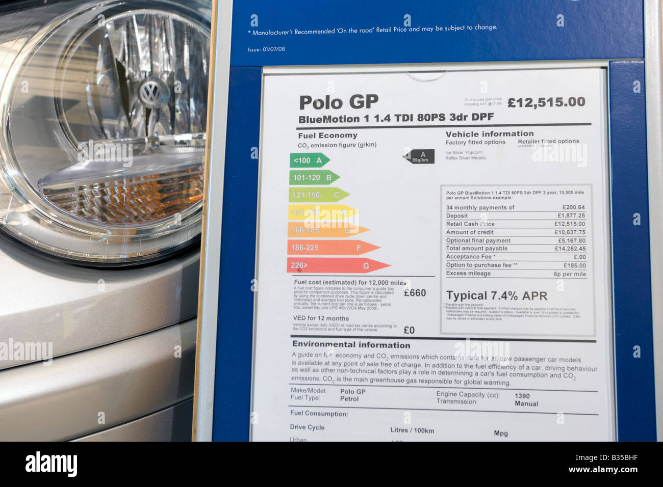 Carburante rating grafico moto blu VW Polo 1 4 TDI paga zero tassa stradale Regno Unito Foto Stock