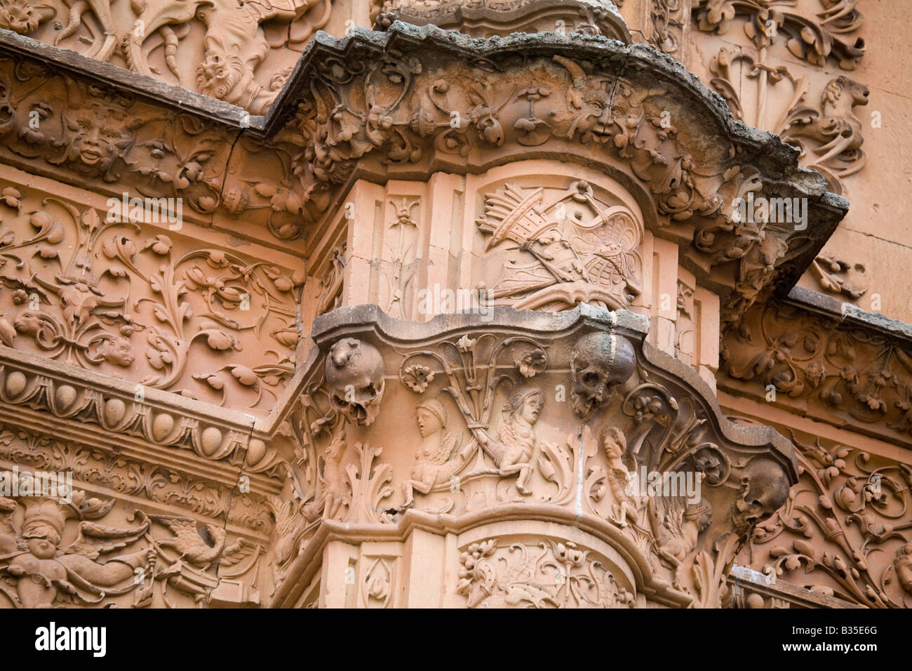 Spagna Salamanca Dettaglio della facciata in pietra del palazzo universitario rana seduto sulla scuola gli studenti guardano a per buona fortuna Foto Stock