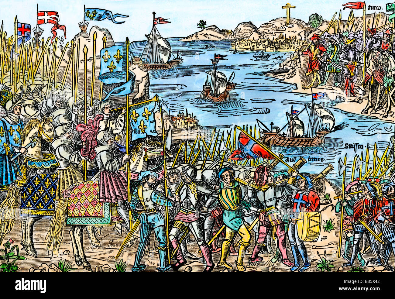 Crociati di salpare per Gerusalemme da Damietta in Egitto settentrionale 1200s. Colorate a mano la xilografia Foto Stock