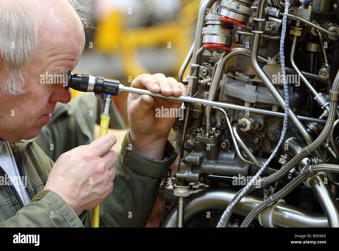 Fine controllo meccanico del motore di un jet da combattimento, Jagel, Germania Foto Stock