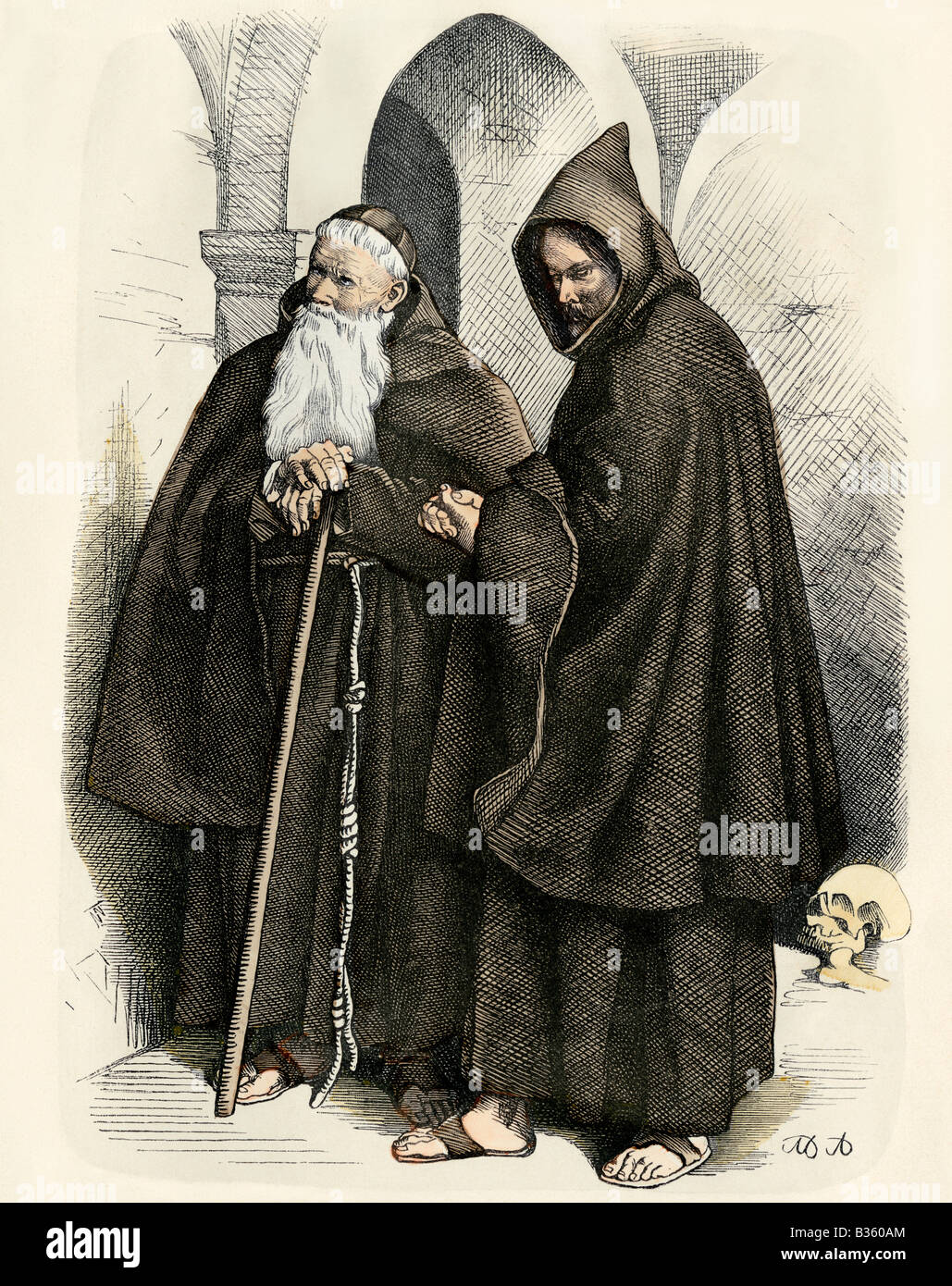 Capucin monaci in un chiostro medievale. Colorate a mano la stampa Foto Stock Capucin monaci in un chiostro medievale. Colorate a mano la stampa Foto Stock