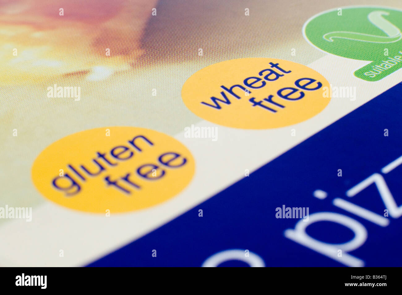 Vista dettagliata del senza glutine base per pizza scatola in cartone, che mostra "Senza Glutine" e "grano" libero Foto Stock