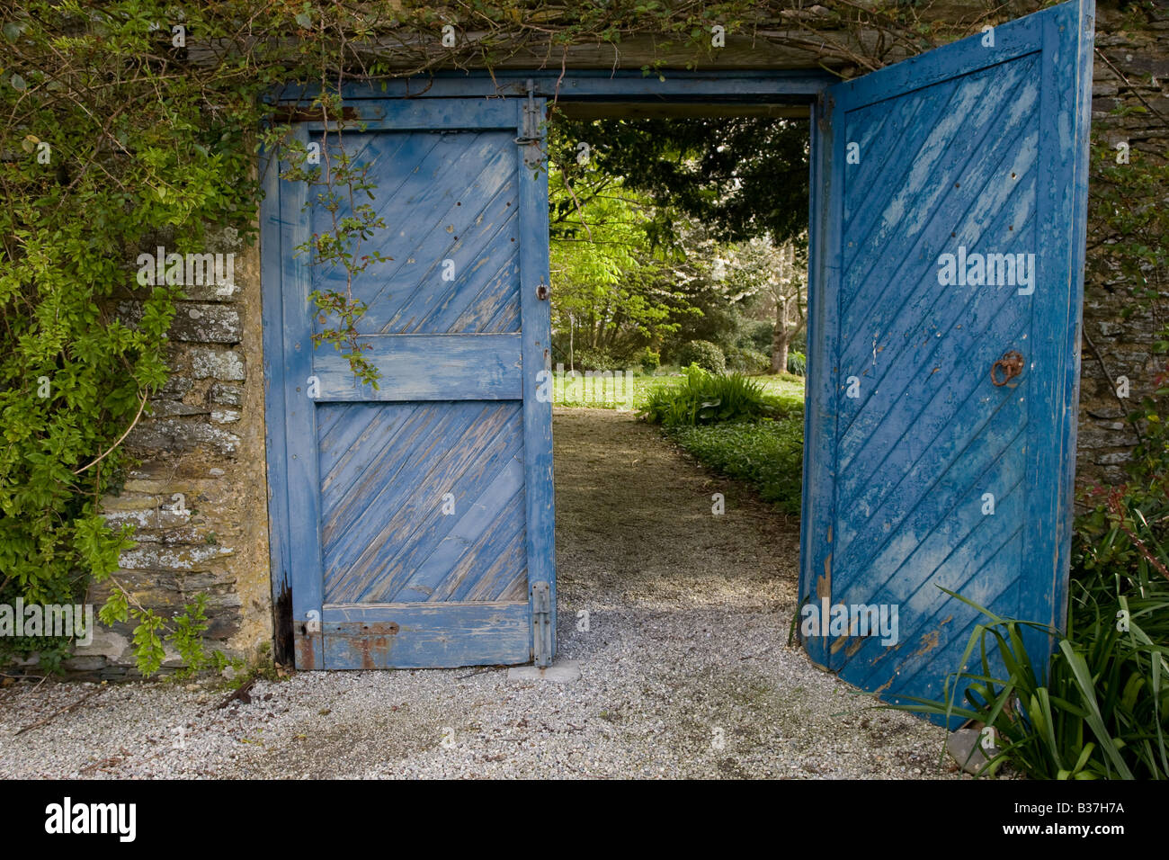 Porte blu nel giardino di casa Rosteague, Cornwall Foto Stock