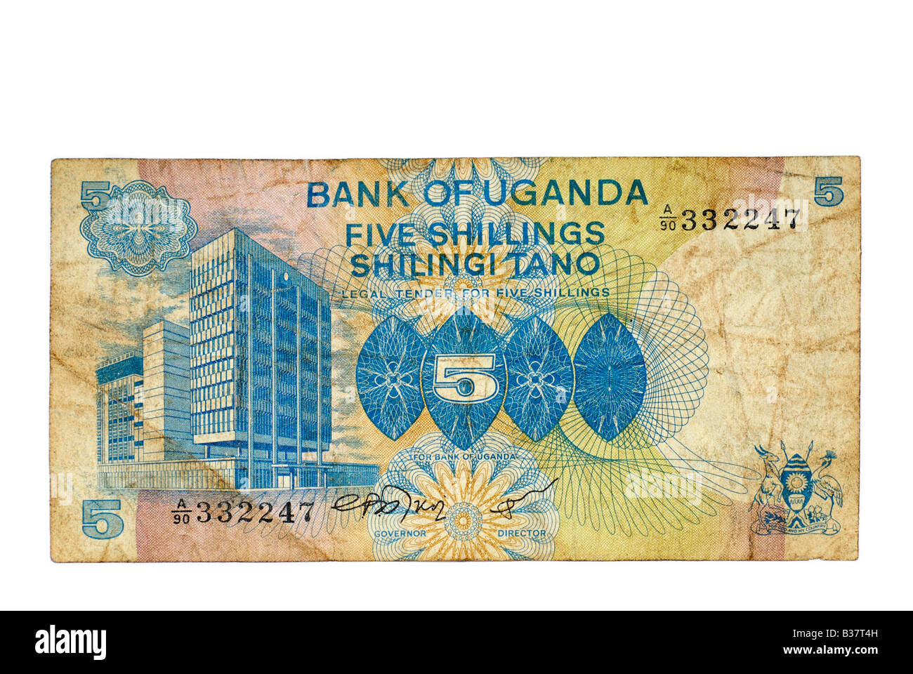 Utilizzate la Nota Banca, Uganda 5 scellini, East Africa valuta dal 1979 Foto Stock