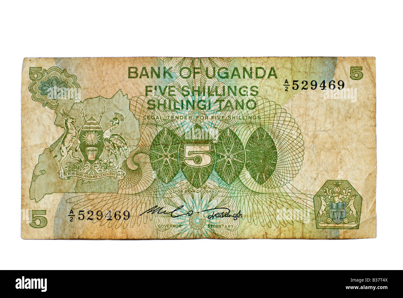 Utilizzate la Nota Banca, Uganda 5 scellini, East Africa valuta dal 1982 Foto Stock