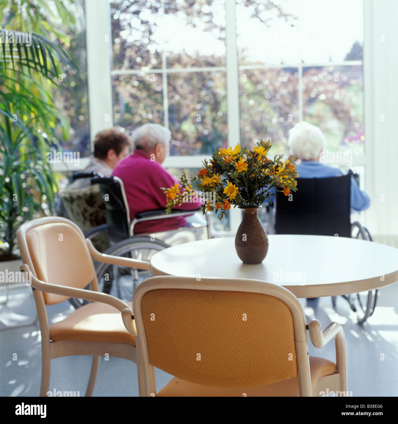 Seniors seduta a una finestra di fronte tavolo con fiori casa di riposo, Germania Foto Stock