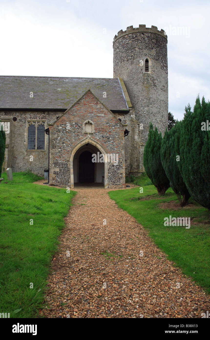 Il portico settentrionale e la torre rotonda della chiesa di Santa Margherita a Hardley, vicino a Langley, Norfolk, Regno Unito. Foto Stock