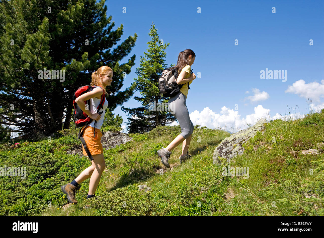 Zwei junge Frauen beim Wandern in den Bergen, due donne passeggiate in montagna Foto Stock