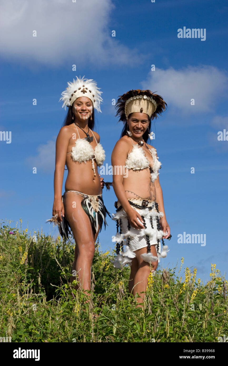 Rapa Nui ballerini in costume tradizionale Isola di Pasqua Cile Foto Stock