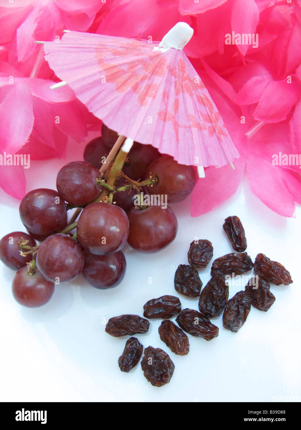 Uve fresche sotto un ombrellone e asciugata uve in sun Foto Stock