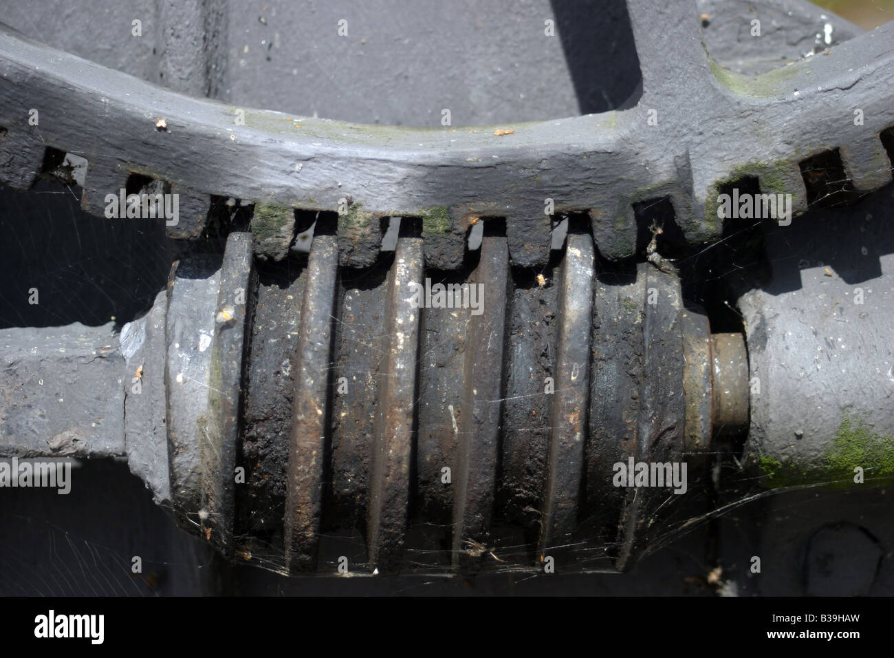 Ingranaggi di comando sulla porta a stramazzo mulino Rufford Rufford abbazia e Country Park Foto Stock