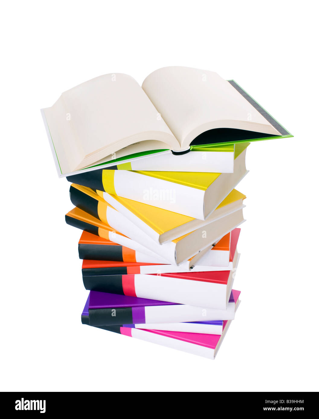 Libro Aperto e pila di libri isolato su bianco Foto Stock
