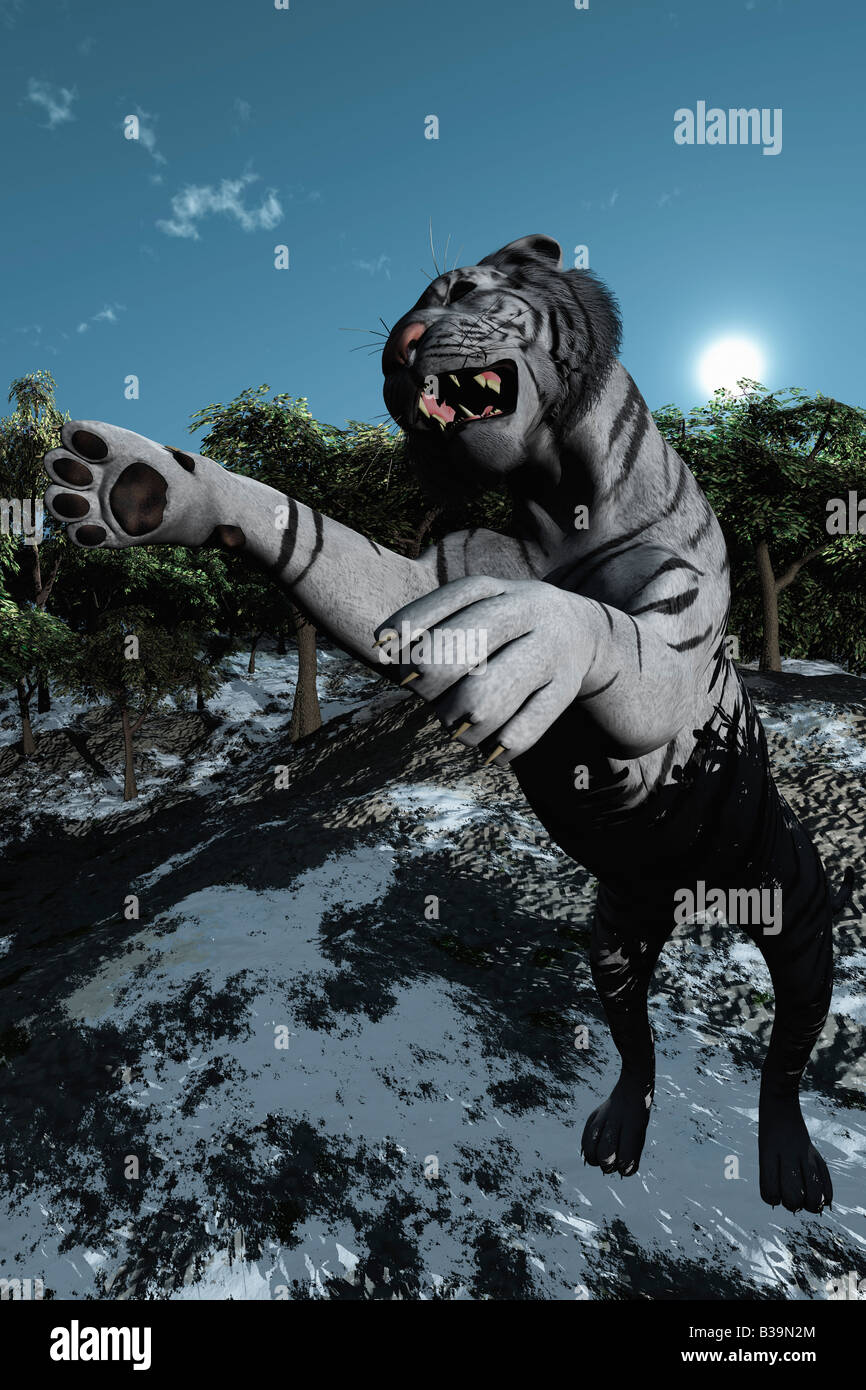 Computer illustrazione di una tigre neve permanente sulla schiena gambe Foto Stock