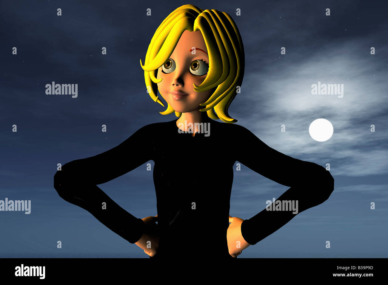 Cartoon illustrazione di una ragazza adolescente con le braccia sui fianchi con la luna in background Foto Stock