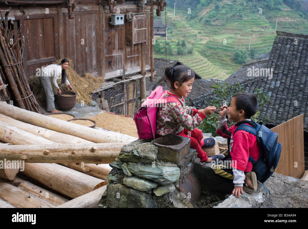 Yao villaggio di Dazhai, Longsheng, provincia di Guangxi, Cina Foto Stock