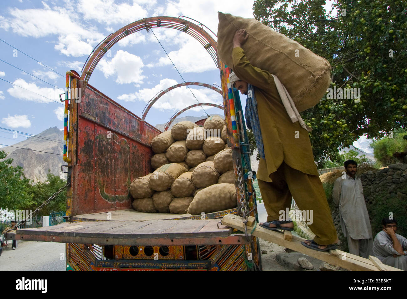 Uomo pakistano Patate di carico su un camion nella valle di Hunza nel nord del Pakistan Foto Stock