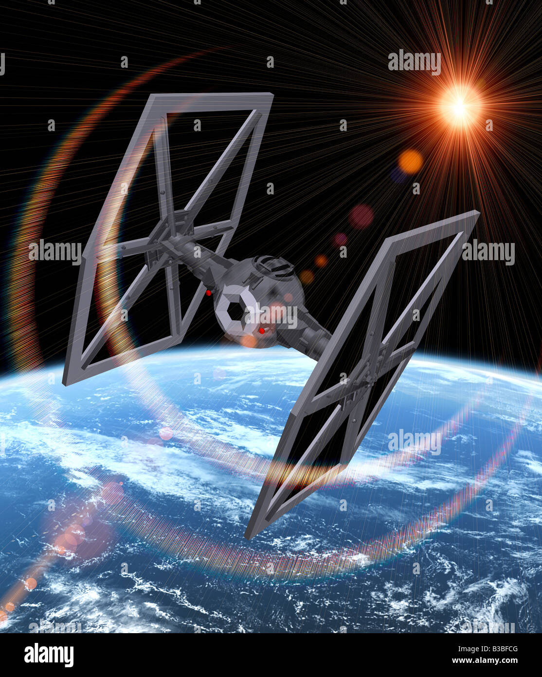 Computer enhanced fictional della navicella spaziale TIE Fighter nello spazio esterno Foto Stock