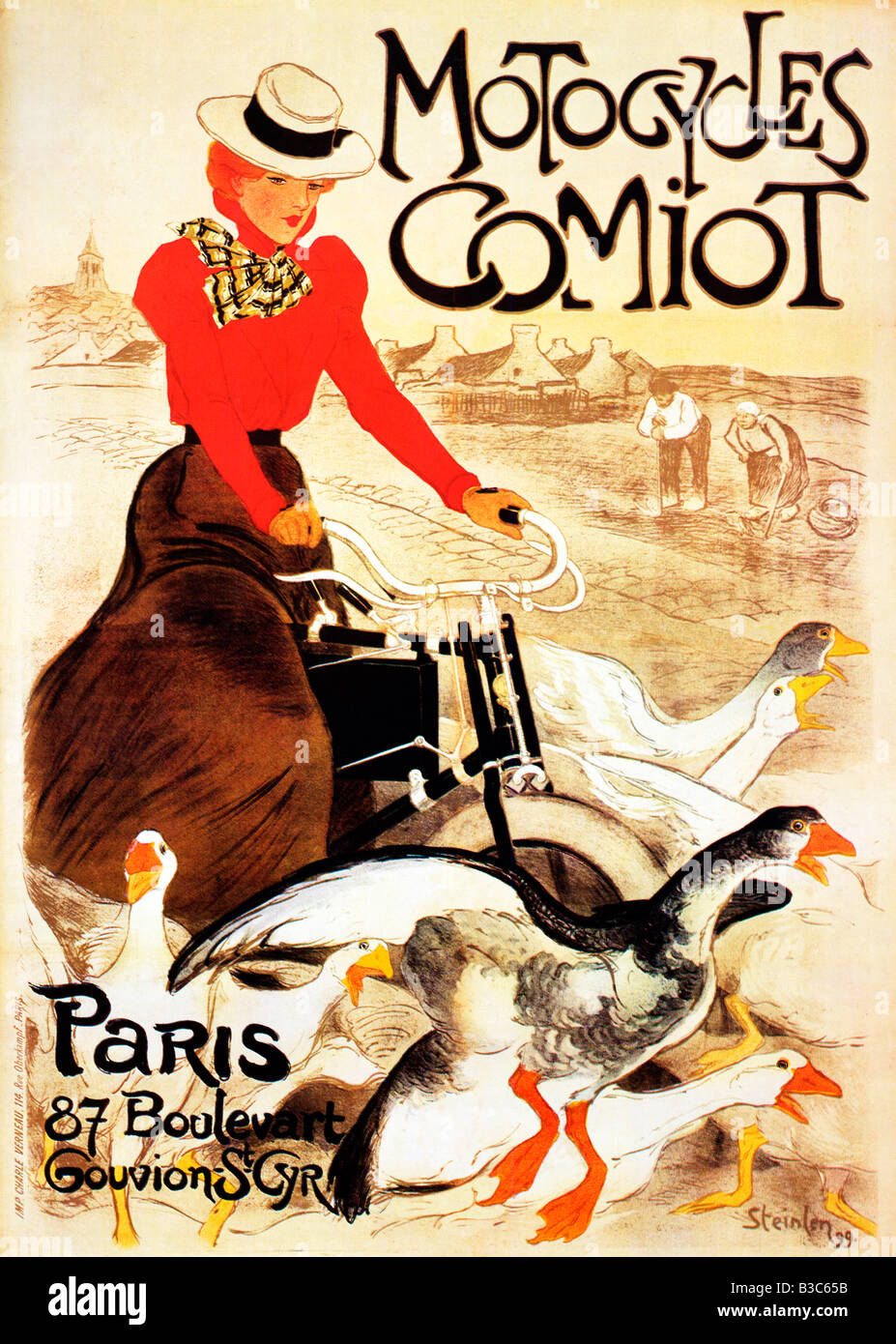 Steinlen Motocycles Comiot 1899 Art Nouveau poster Theophile Steinlen per la moto francese scattering startled oche Foto Stock