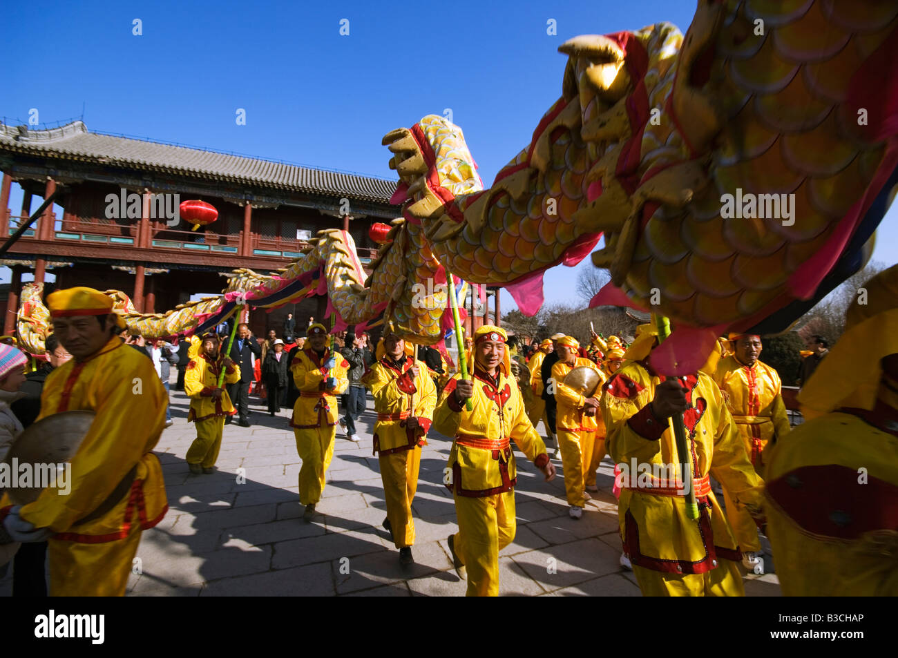Cina, Pechino. Tempio Beiputuo e film studio. Anno Nuovo Cinese Festival di Primavera - Dragon Dance esecutori. Foto Stock