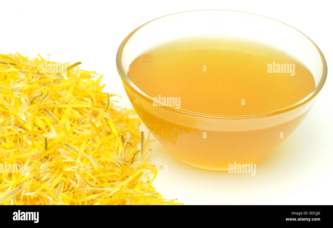 Fatta di sciroppo di fiori di tarassaco comune dolcificante dolce cibo Taraxum officinale Leontodon officinale dente de leone Soffi Foto Stock