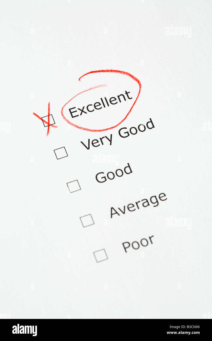 Scala di valutazione con eccellenti controllato - questionario, report Soddisfazione del cliente, la concezione di business Foto Stock