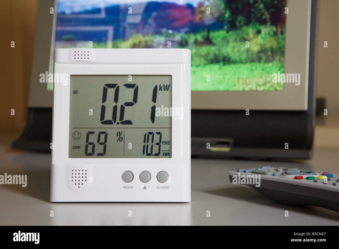 Primo piano del monitor di consumo energetico wireless Owl con display a LED che mostra i kilowatt di elettricità utilizzati da un televisore a schermo piatto. REGNO UNITO Foto Stock
