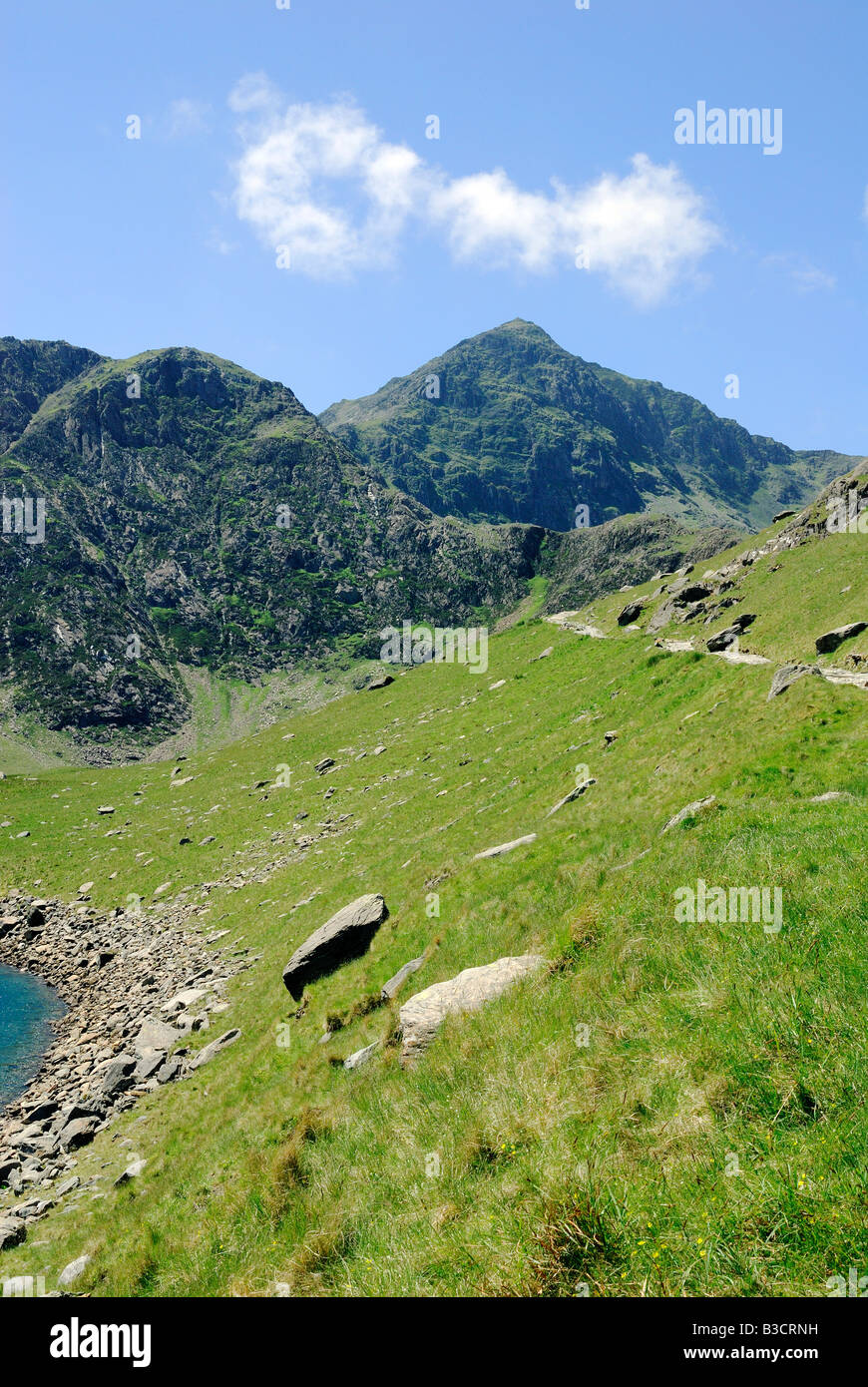 Guardando lungo i minatori la via verso la cima di Mount Snowdon nel Galles del Nord Foto Stock