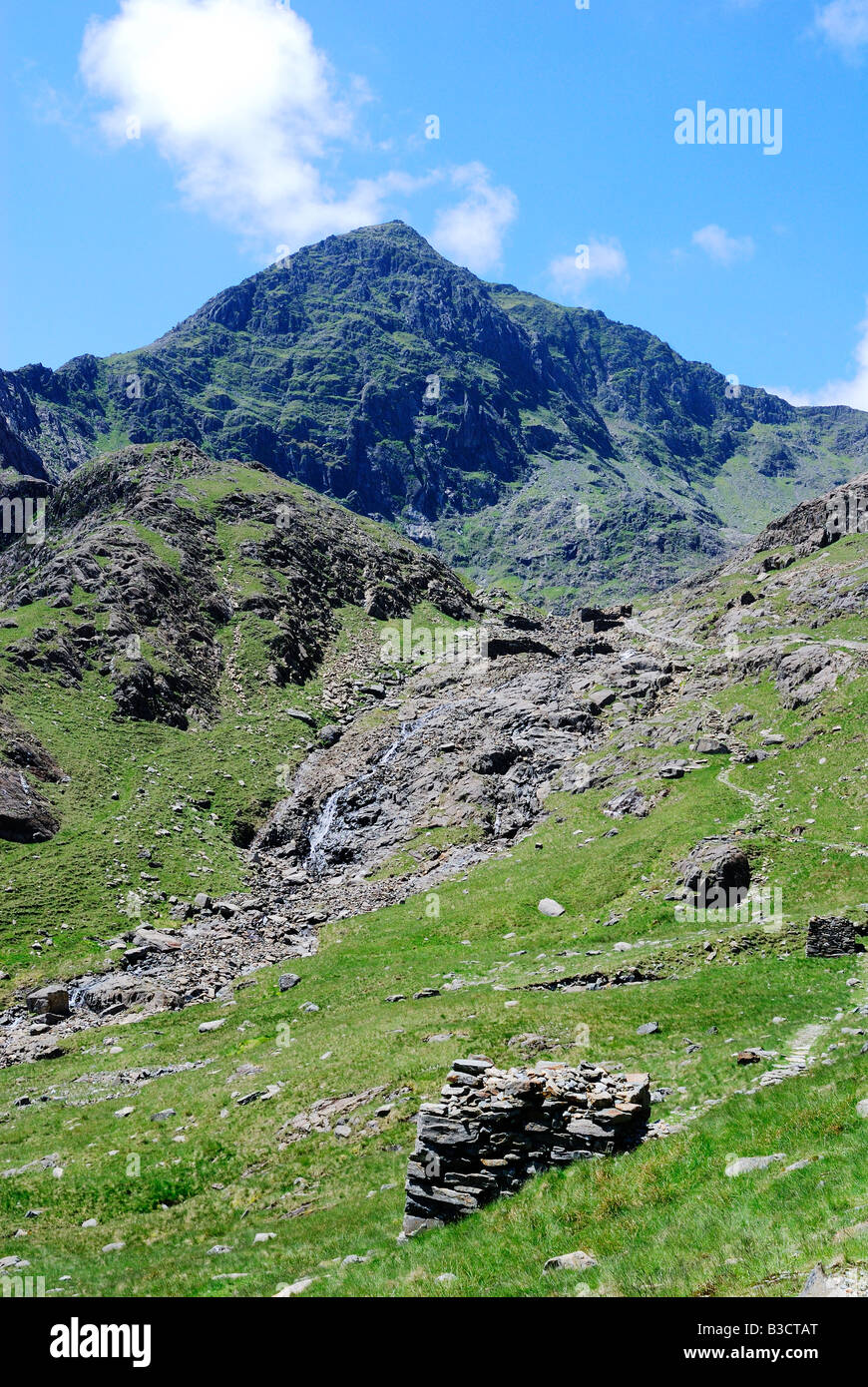 Una valle rocciosa tra Llyn Glaslyn e Llyn Llydaw accanto ai minatori via rotta verso la cima di Mount Snowdon nel Galles del Nord Foto Stock