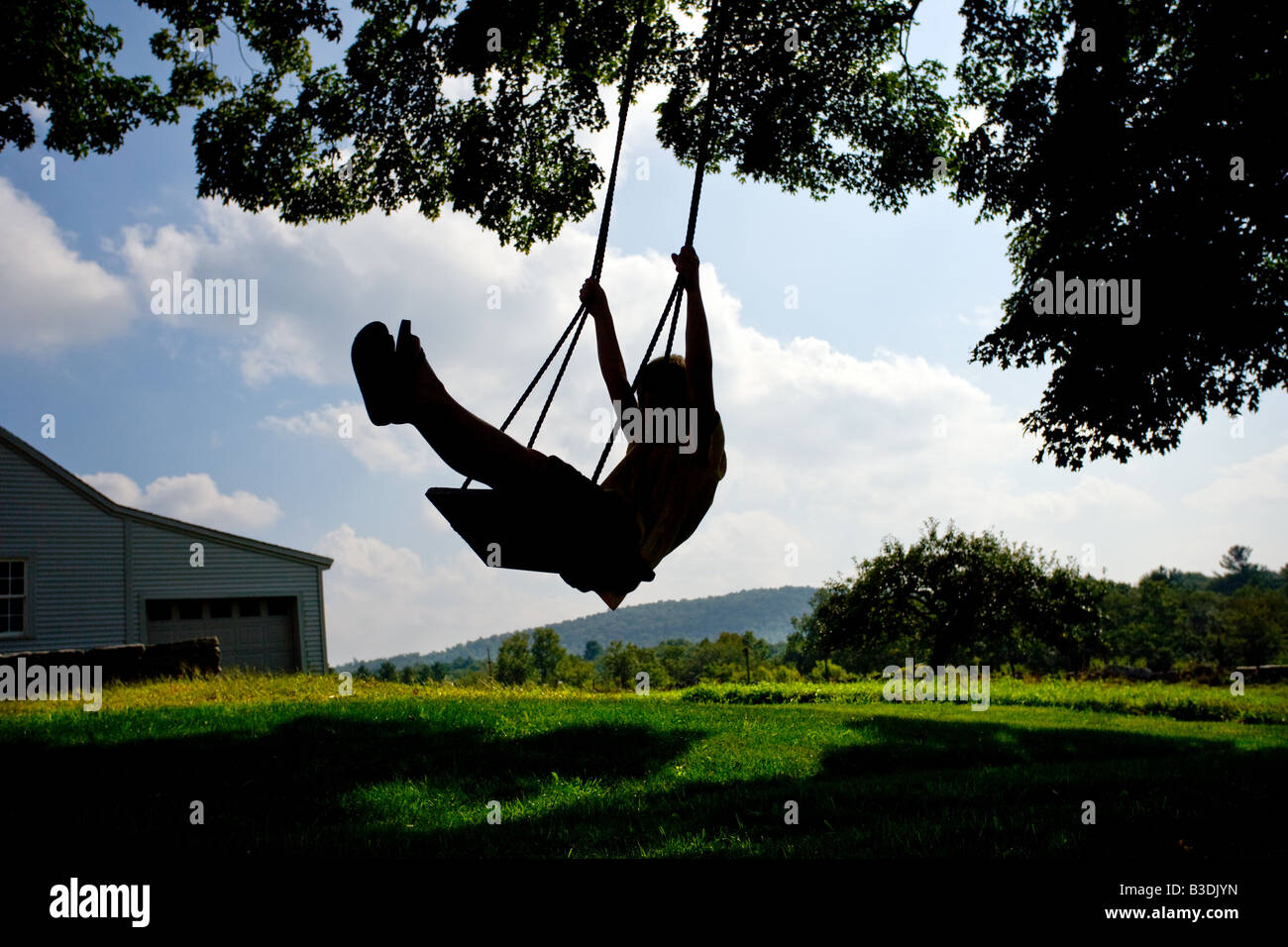 Un bambino piccolo in un agriturismo corda swing nelle zone rurali del Connecticut. Perfetta estate concetto. Foto Stock