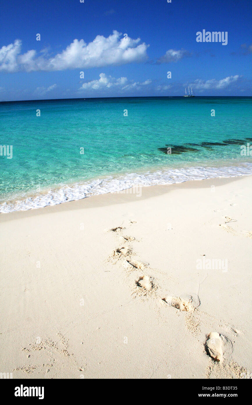 Orme nella sabbia che conduce a le cristalline turchesi acque dell'oceano nelle Isole Turks e Caicos Foto Stock