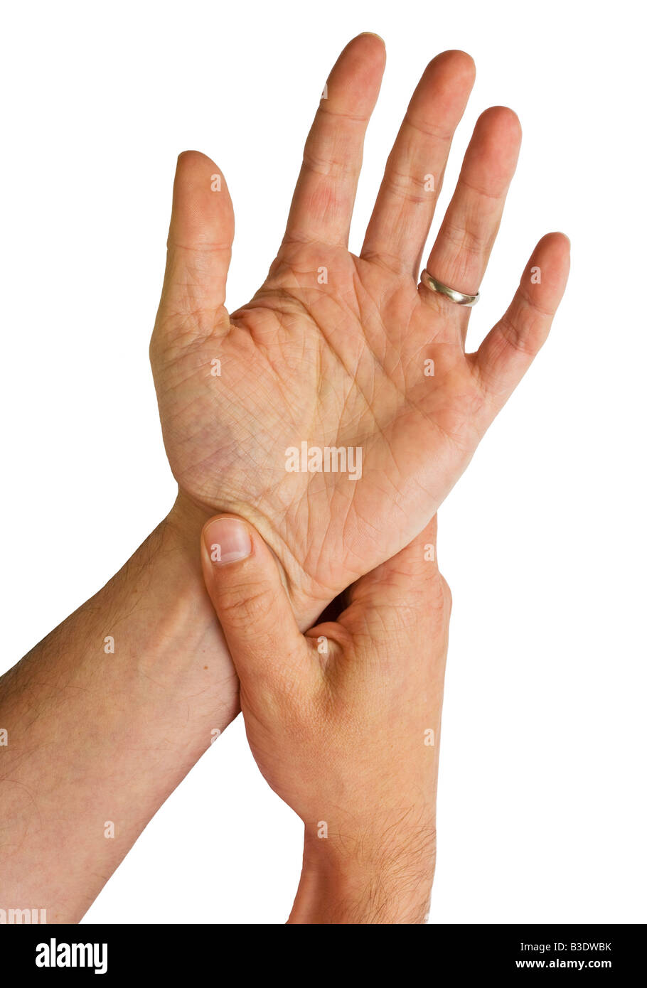 Sfregamento maschio il proprio polso fatto doloroso da lesioni da sforzo ripetitivo Foto Stock