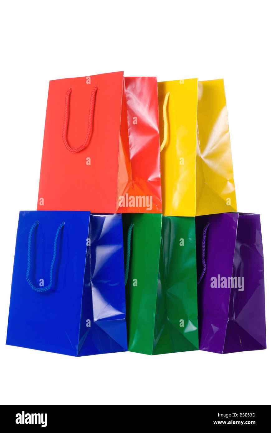 Colorata borse per lo shopping su sfondo bianco Foto Stock